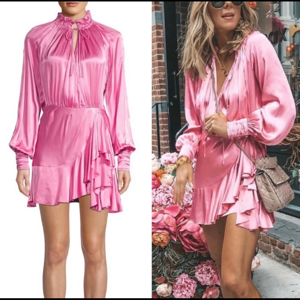 Divine Heritage - Pink Satin Crossover Ruffle Mini Dress (XS)